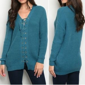GIRLY & FLIRTY TEAL TUNIC SWEATER